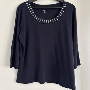 Silver Embellished Black Scoop Neck Black Blouse Size XL 100% Cotton